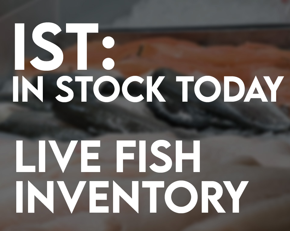 Text: IST In Stock Today, Live Fish Inventory, over Image of fresh fish